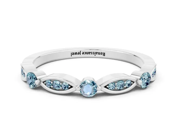 Marquise and Round Aquamarine Milgrain Band with Bezel Setting Platinum
