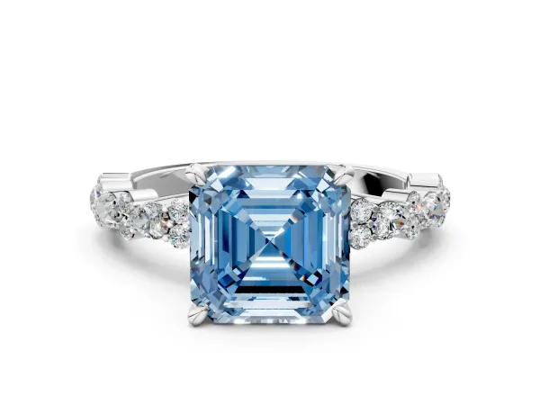 Fancy Blue Asscher Cut Diamond Side Stone Solitaire Ring with Round and Four-Prong Setting Platinum