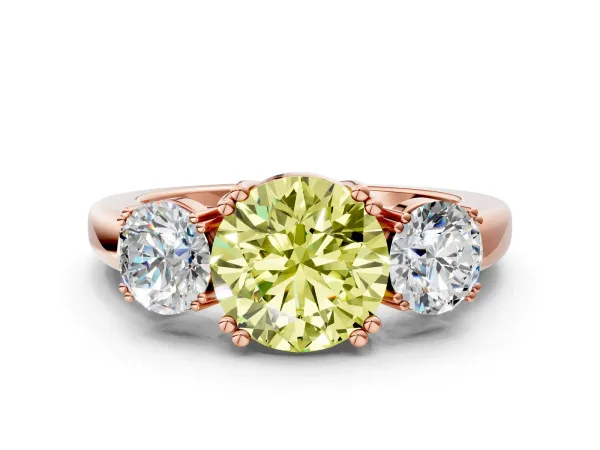 Fancy Yellow Three-Stone Round Cut Cut Diamond Ring with Channel Set Band and Four-Prong Setting Rose gold