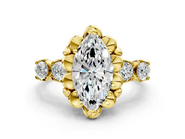 Marquise Cut Cut Diamond Floral Halo Engagement Ring with Shared Prong Setting Yellow gold