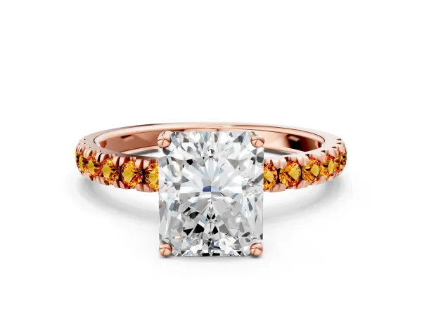 Radiant Cut Diamond Pave Band Solitaire Ring with Round Citrine and Prong Setting Rose gold