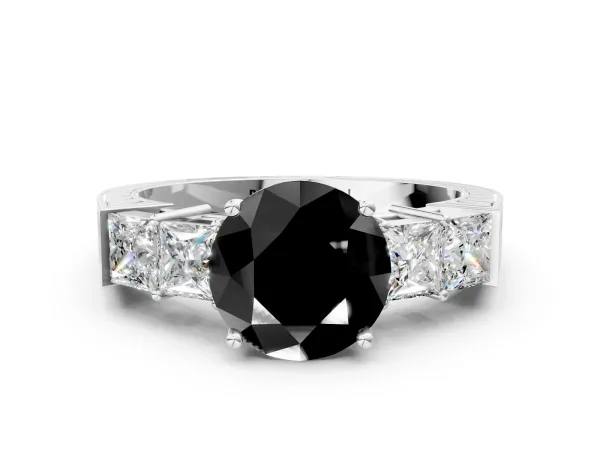 Fancy Black Round Cut Solitaire Princess Side Stone Engraved Band Prong Setting Ring Silver