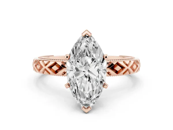 Marquise Cut Solitaire Diamond Ring with Milgrain and Black Enamel X Pattern Band Rose gold