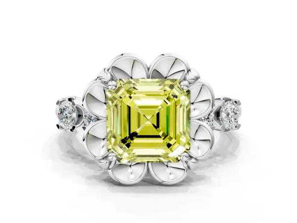 Fancy Yellow Asscher Cut Cut Diamond Floral Halo Engagement Ring with Shared Prong Setting Platinum