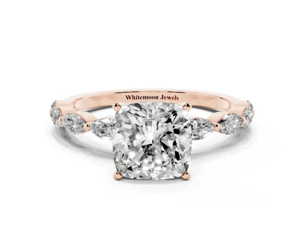 Cushion Cut Diamond Ring with Marquise Side Stones and Prong Setting Rose gold