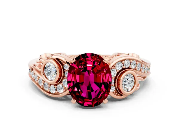 Oval Cut Garnet Solitaire Ring with Milgrain Pavé Band and Four-Prong Setting Rose gold