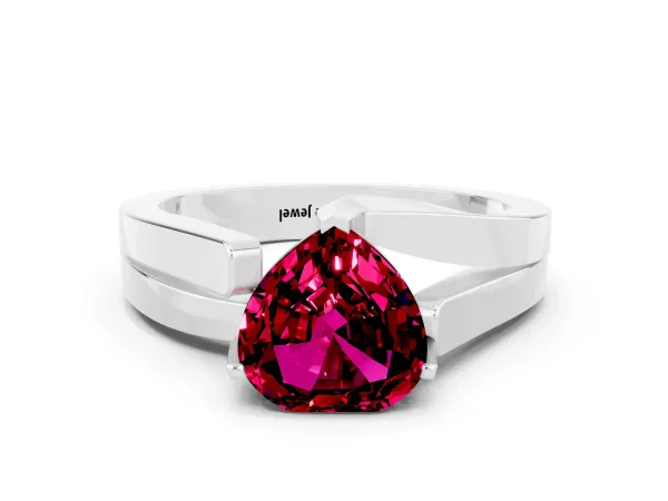 Modern Tension Set Heart Cut Garnet Solitaire Wide Band Ring Platinum
