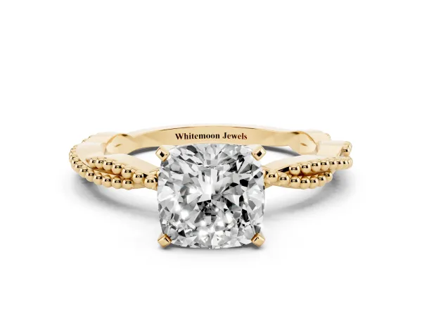 Cushion Cut Solitaire Twisted Band with Bead Prong Setting Yellow gold
