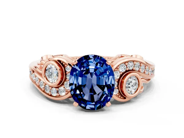 Oval Cut Blue Sapphire Solitaire Ring with Milgrain Pavé Band and Four-Prong Setting Rose gold