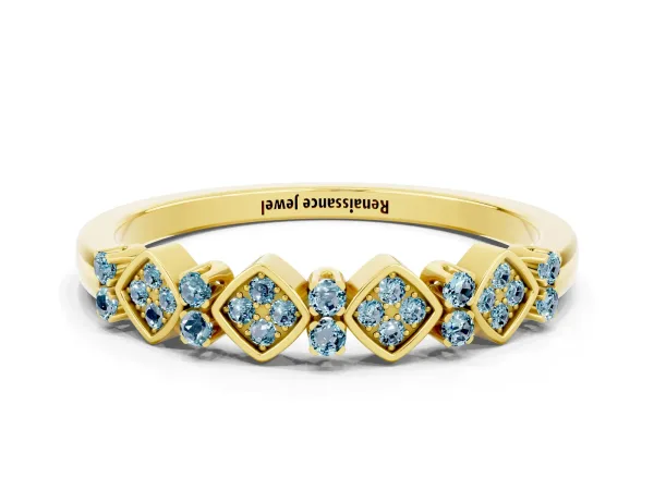 Pavé Cushion Aquamarine Cluster Eternity Band with Prong Setting Yellow gold