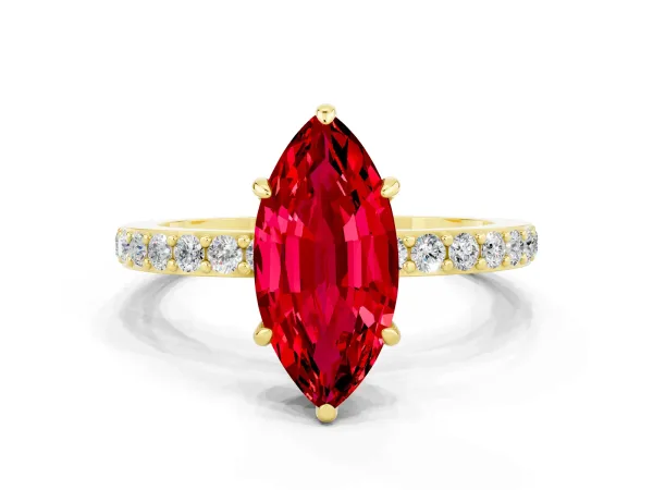 Marquise Cut Ruby Solitaire Engagement Ring with Pavé Band and Four-Prong Setting Yellow gold