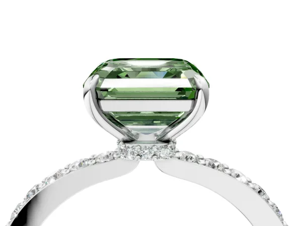Fancy Green Asscher Cut Diamond Solitaire Engagement Ring with Pavé Band and Four-Prong Setting Silver