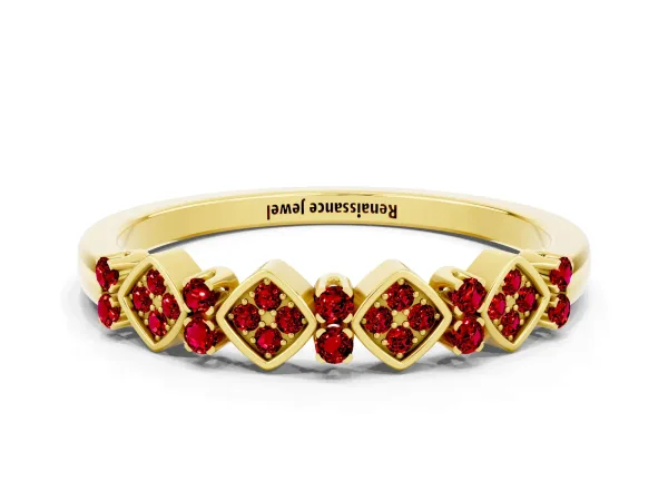 Pavé Cushion Ruby Cluster Eternity Band with Prong Setting Yellow gold