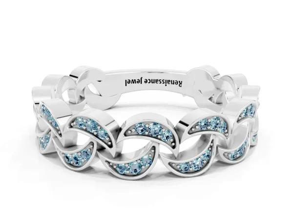 Pavé Round Aquamarine Interlocking Eternity Band with Bezel Prong Setting Platinum