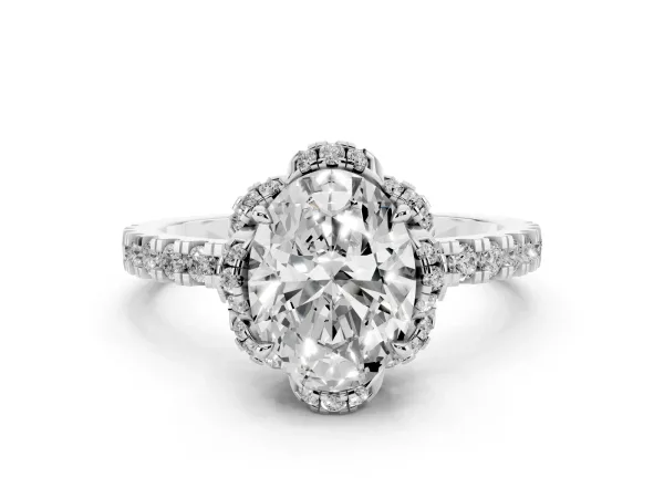 Oval Cut Halo Diamond Pave Band Ring with Four-Prong Setting Platinum
