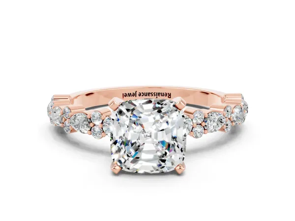 Cushion Cut Moissanite Side Stone Solitaire Ring with Round and Four-Prong Setting Rose gold