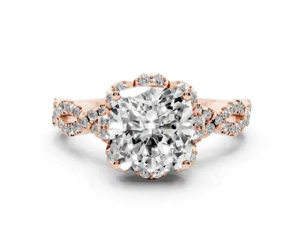 Cushion Cut Halo Twist Band Solitaire Ring with Six-Prong Setting Rose gold