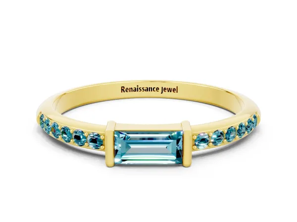 Baguette Blue Topaz Pavé Band with Bar Setting Yellow gold
