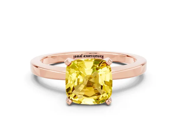 Cushion Cut Yellow Sapphire Solitaire Engagement Ring with Classic Band and Four-Prong Setting Rose gold