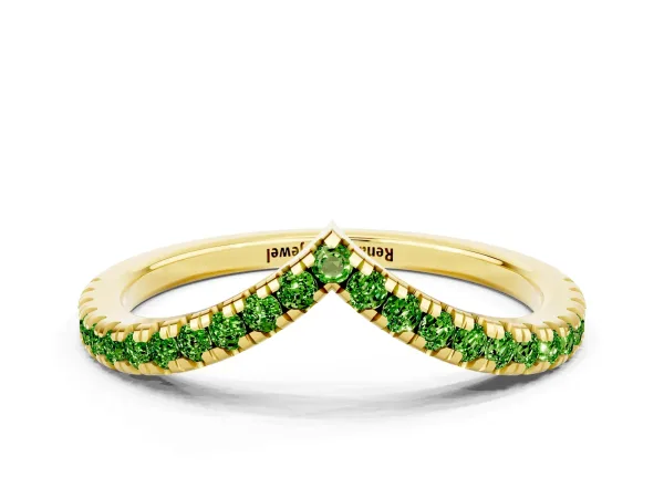 Pavé Round Peridot V-Shaped Chevron Band with Shared Prong Setting Yellow gold