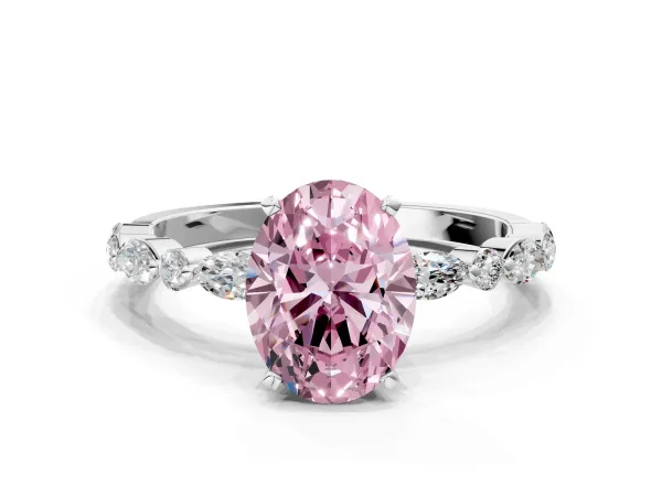 Fancy Pink Oval Cut Diamond Ring with Marquise and Round Side Stones and Four-Prong Setting White gold