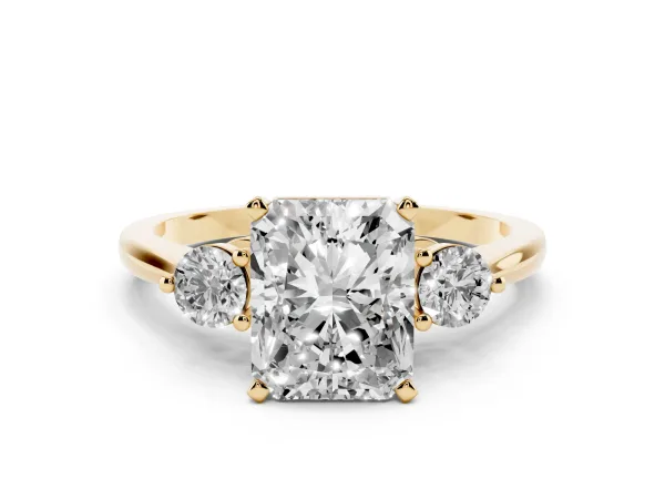 Three-Stone Radiant Cut Solitaire Ring with Tapered Band and Four-Prong Setting Yellow gold