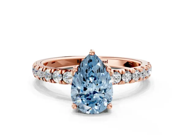 Fancy Blue Pear Cut Diamond Pave Band Solitaire Ring with Round and Prong Setting Rose gold