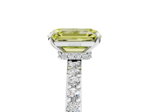 Fancy Yellow Emerald Cut Diamond Solitaire Engagement Ring with Pavé Band and Four-Prong Setting Platinum