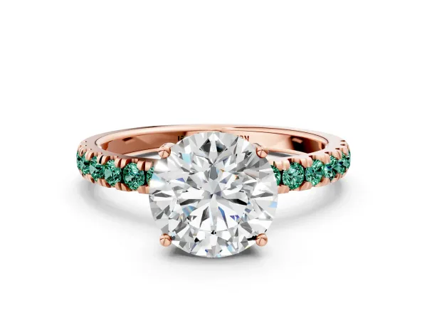 Round Cut Diamond Pave Band Solitaire Ring with Round Green Sapphire and Prong Setting Rose gold