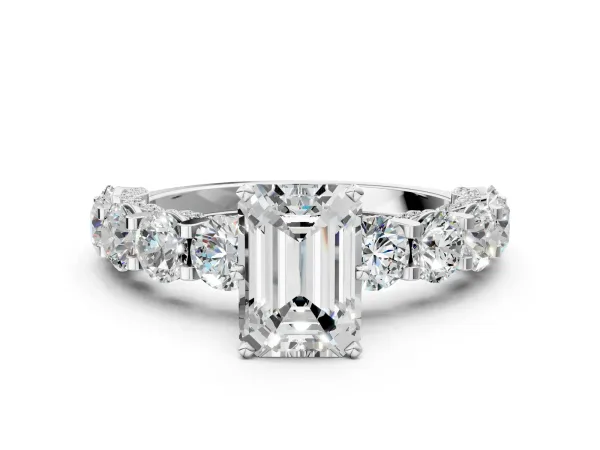 Emerald Cut Diamond Side Stone Engagement Ring with Four-Prong Setting White gold