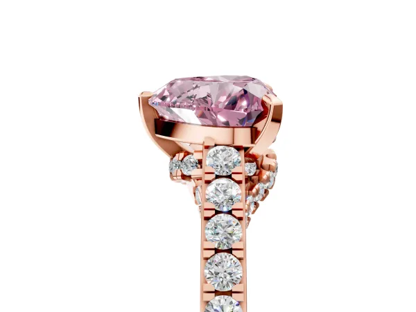 Fancy Pink Heart Cut Diamond Solitaire Ring with Crossover Gallery and Round Pavé Band Rose gold