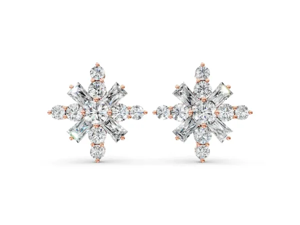 Round Cut Diamond Snowflake Cluster Stud Earrings Rose gold