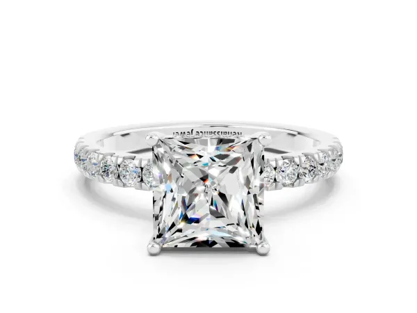Princess Cut Moissanite Pave Band Solitaire Ring with Round and Prong Setting Platinum