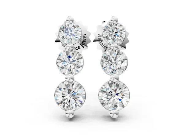 Three-Stone Round Diamond Drop Earrings with Prong Setting on White Gold Silver