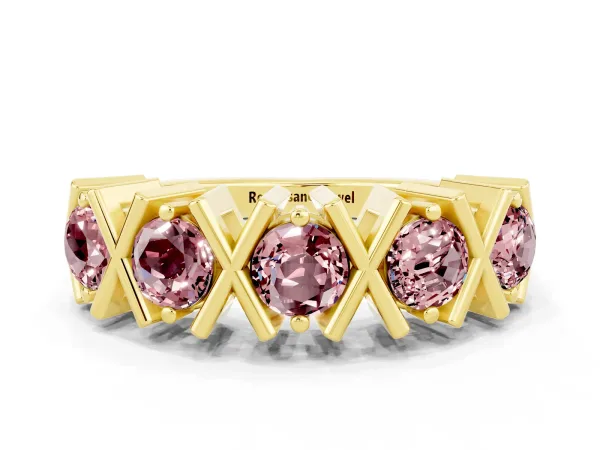Round Morganite Channel Set Band with X-Prong Detail Yellow gold