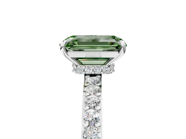 Fancy Green Emerald Cut Diamond Solitaire Engagement Ring with Pavé Band and Four-Prong Setting Platinum
