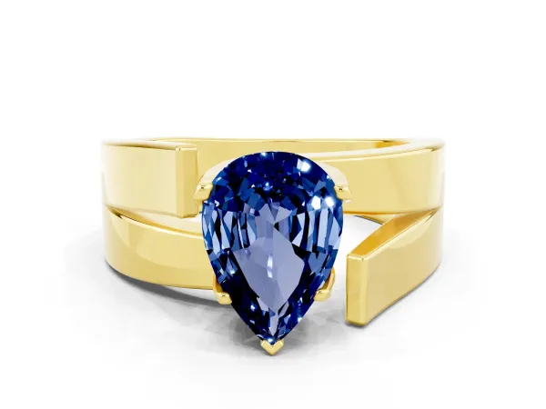 Modern Tension Set Pear Cut Blue Sapphire Solitaire Wide Band Ring Yellow gold