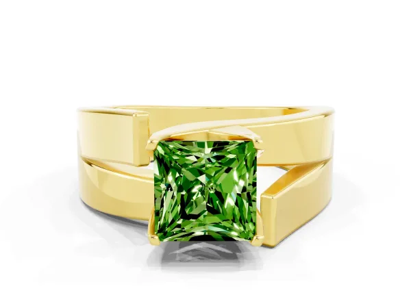 Modern Tension Set Princess Cut Peridot Solitaire Wide Band Ring Yellow gold