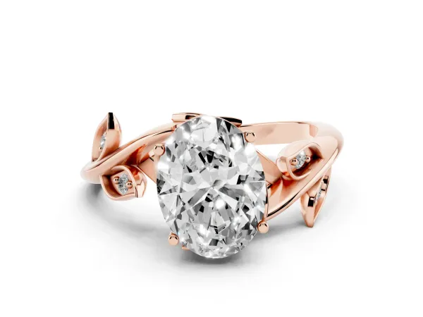 Oval Cut Solitaire Twist Engagement Ring with Leaf Accents and Prong Setting Rose gold