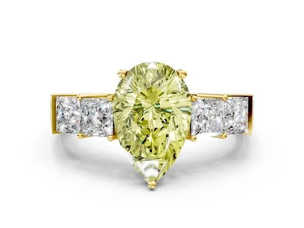 Fancy Yellow Pear Cut Solitaire Princess Side Stone Engraved Band Prong Setting Ring Yellow gold
