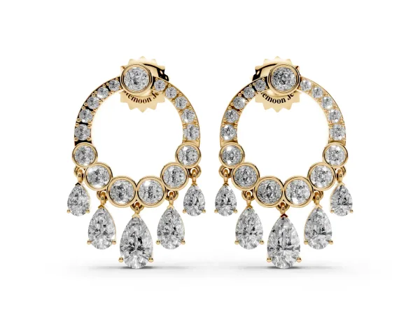 Round and Pear Diamond Dangle Earrings Yellow gold