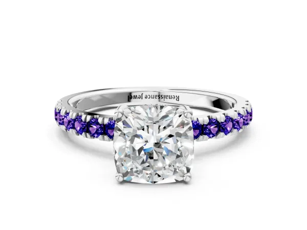 Cushion Cut Diamond Pave Band Solitaire Ring with Round Tanzanite and Prong Setting Platinum