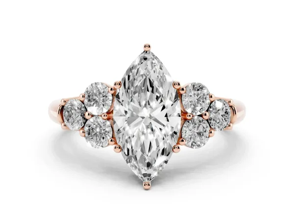 Marquise Cut Cut Diamond Cluster Ring with Round Accent Stones and Prong Setting on a Classic Band Rose gold