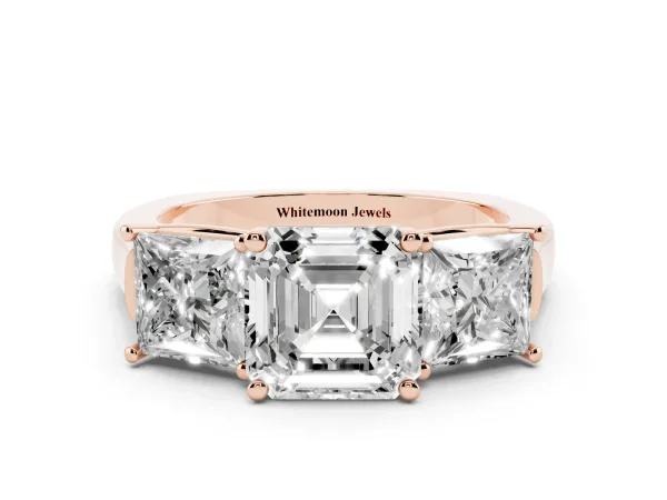 Three-Stone Asscher Cut Brilliant Diamond Trellis Ring with Comfort Fit Band Rose gold