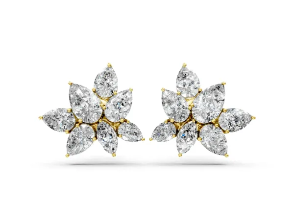 Pear and Marquise Diamond Floral Cluster Stud Earrings Yellow gold