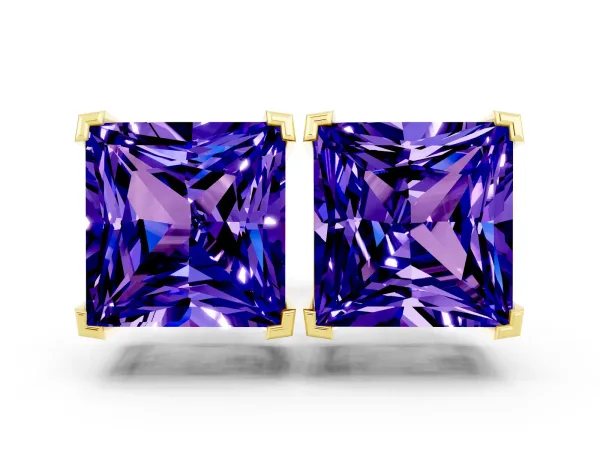 Princess Cut Tanzanite Stud Earrings Yellow gold