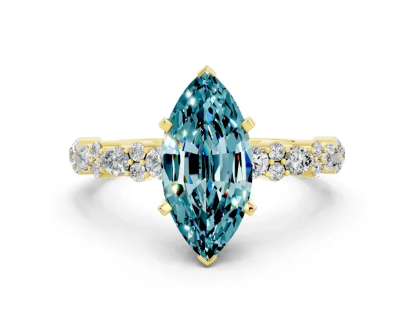 Marquise Cut Blue Topaz Side Stone Solitaire Ring with Round and Four-Prong Setting Yellow gold
