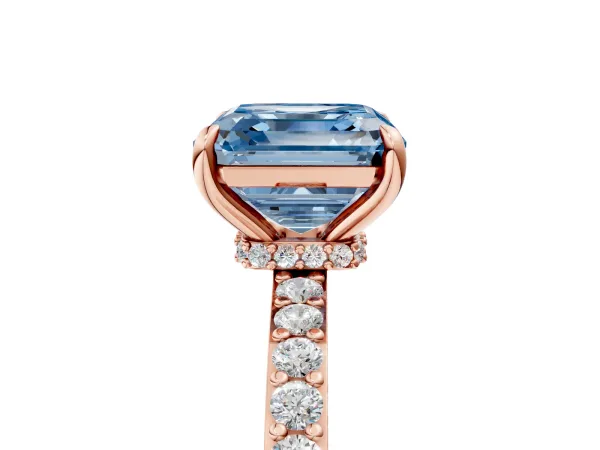 Fancy Blue Asscher Cut Diamond Solitaire Engagement Ring with Pavé Band and Four-Prong Setting Rose gold