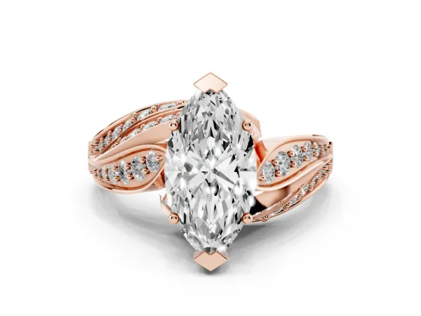 Marquise Cut Diamond Solitaire Ring with Prong Setting and Twisted Pavé Band Rose gold