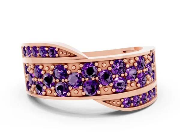 Pavé Round Amethyst Crossover Band with Bead Prong Setting Rose gold